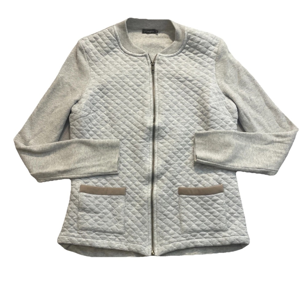 J.McLaughlin Small Gray Quilted Sweater Jacket Full Zip SOFT Tan Accent Trim EUC